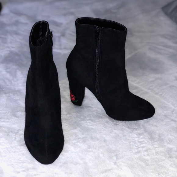Black Suede Booties with Rose Detail - Picture 2 of 3